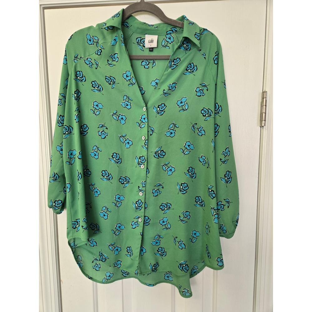 Cabi Green Blue Floral‎ Button Down Blouse V-Neck Long Sleeve Shirt Small 5612